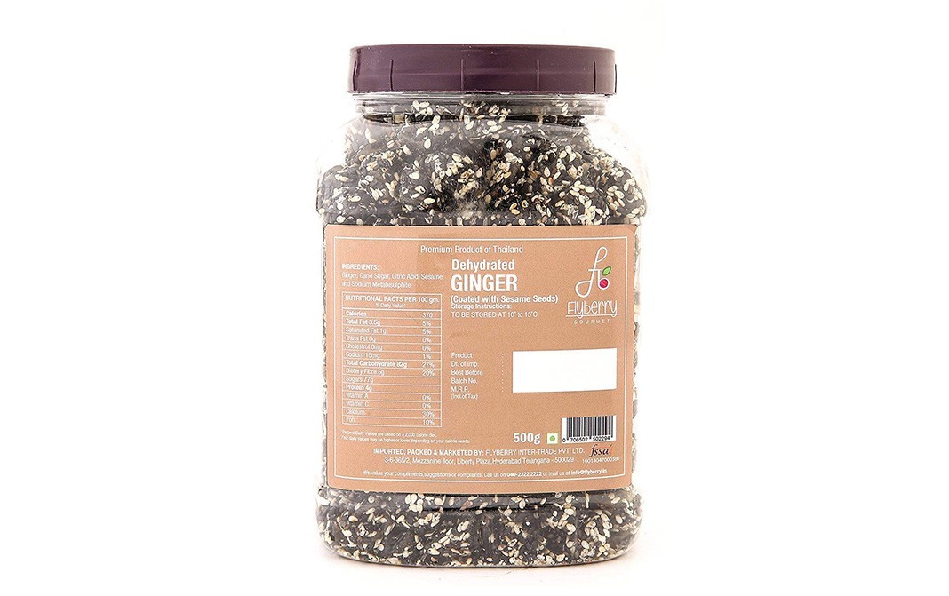 Flyberry Gourmet Dehydrated Ginger (Coated with Sesame Seeds)   Plastic Jar  500 grams